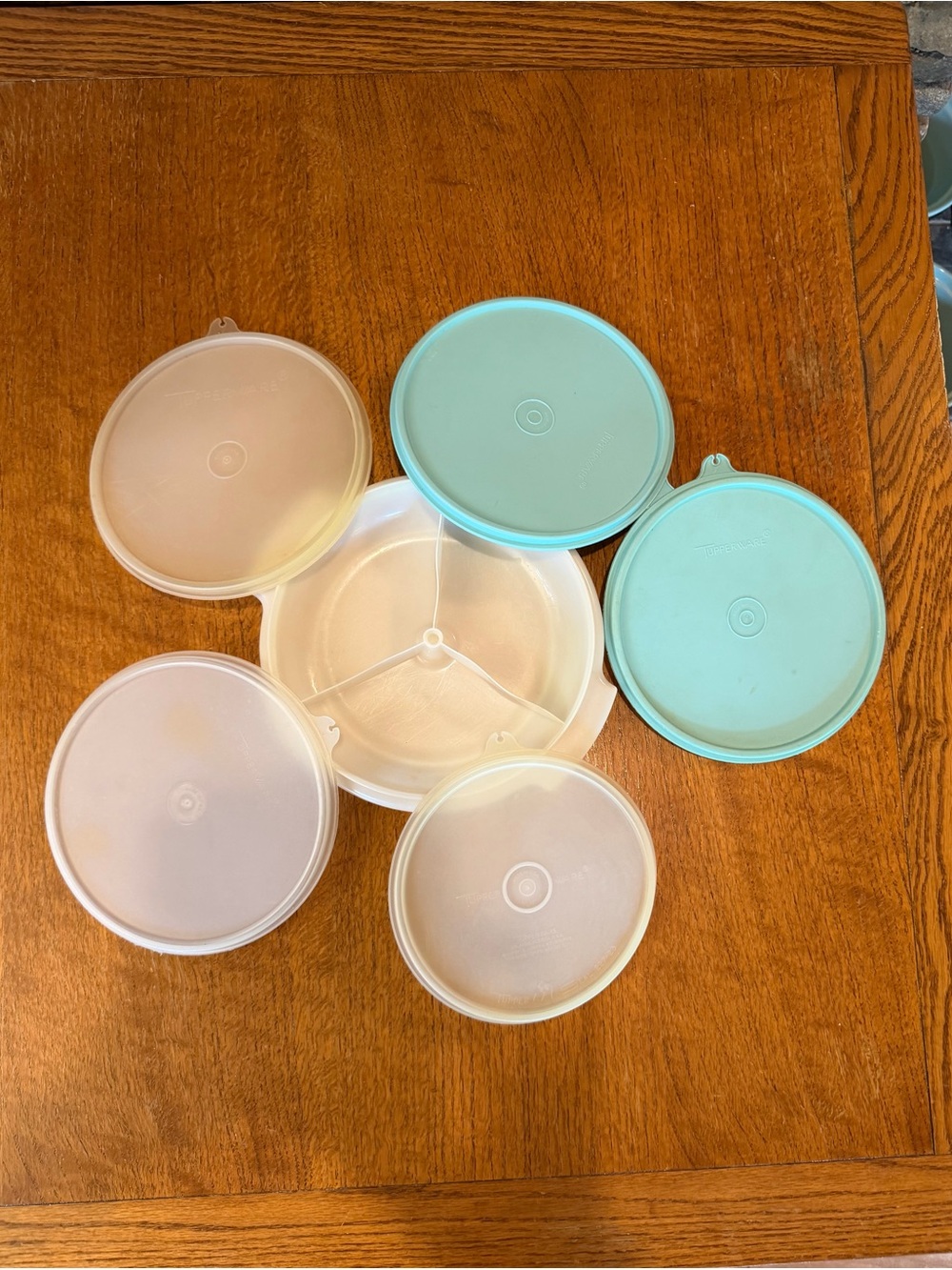 Tupperware Round Food Storage Lids and three section divided serving dish